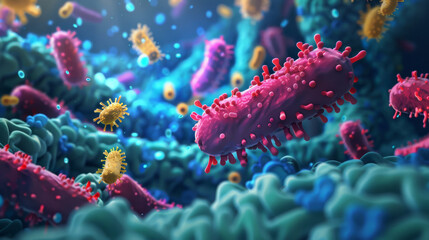 Dramatic 3D scene of the gut immune system in action - obrazy, fototapety, plakaty