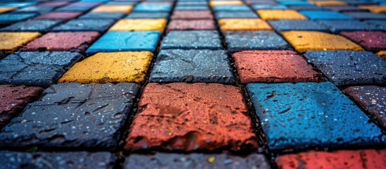 Detailed view of a colorful symmetrical brick pattern showcasing various hues and textures.