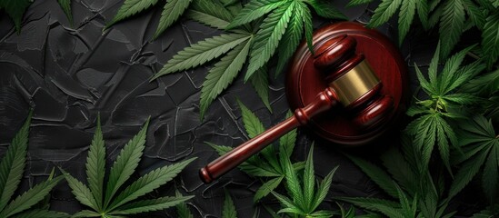 A judges gavel resting on top of vibrant marijuana leaves. The juxtaposition of the legal symbol and cannabis plant conveys a unique message.