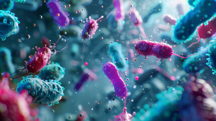 Dynamic clash between colorful bacteria and immune cells, high-definition