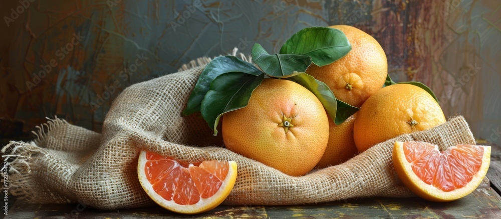 Poster a collection of oranges neatly arranged on top of a burlap sack, showcasing fresh produce in a rusti