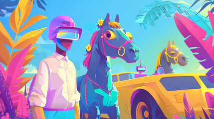 Vibrant Digital Artwork of a Stylish Avatar with Horse and Futuristic Car