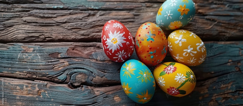 Poster a collection of vibrant painted easter eggs is arranged neatly on top of a rustic wooden table, crea