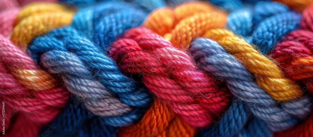Poster detailed closeup of a bunch of multicolored yarn showing the intricate patterns and colors in detail