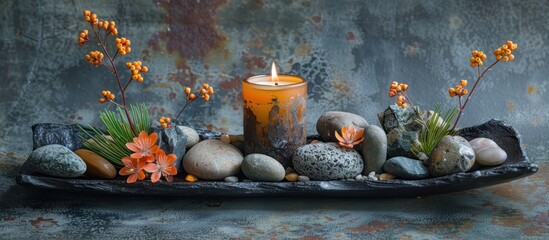 A candle is placed in the center of rocks and flowers, creating a serene and natural arrangement.