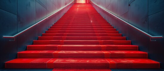 A staircase covered in red carpet leads to a red light at the top, creating a luxurious and dramatic entrance for VIPs and celebrities.