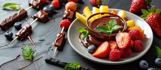 A white plate filled with assorted fruits such as strawberries, bananas, and grapes, drizzled with chocolate sauce. A small bowl of chocolate sauce is placed next to the plate. - Powered by Adobe