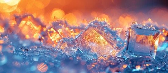 Detailed view of shimmering ice crystals with intricate patterns and textures.