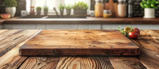 A wooden cutting board placed on top of a rustic wooden table, ready for meal preparation. - obrazy, fototapety, plakaty