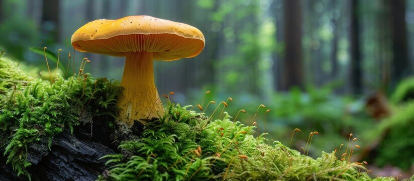 A vibrant yellow mushroom sits on top of a log covered in lush green moss.