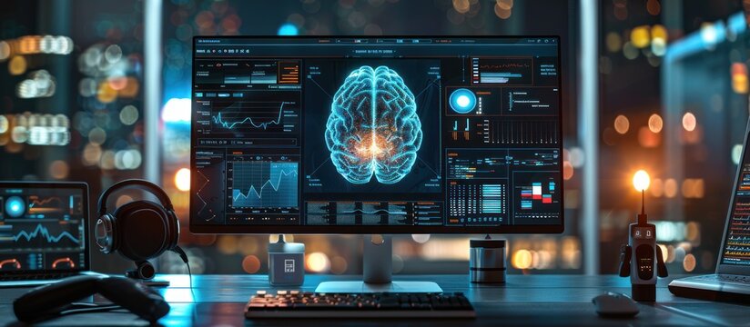 A desk featuring a modern computer and headphones set up for use.