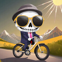 베레모 쓰고 자전거를 타고 있는 수트 입은 해골 (a skeleton in a suit wearing a beret and riding a bicycle) - obrazy, fototapety, plakaty