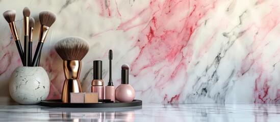 A luxurious marble counter top adorned with an array of makeup brushes and a sleek marble vase.