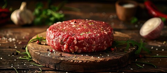 A piece of raw meat, likely a burger patty, is placed on top of a wooden cutting board.