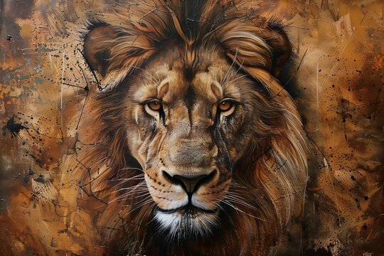 Painting of a lion's face set against an abstract, textured background