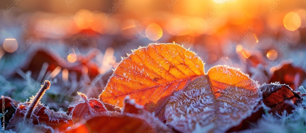 Poster a detailed view of a single leaf covered in glistening frost, highlighting the intricate patterns an
