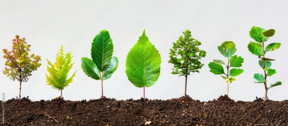 Poster Different types of trees lined up in rows growing in the soil.