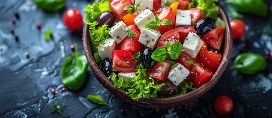 A delicious Greek salad featuring vibrant red tomatoes, tangy black olives, and crumbly feta cheese.