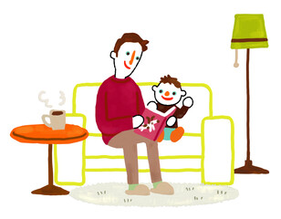 Parents and children reading picture books on the living room sofa.