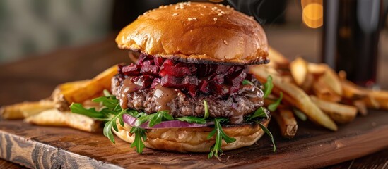 Close-up of a smoky hamburger topped with cranberry sauce, served with crispy fries on a wooden...