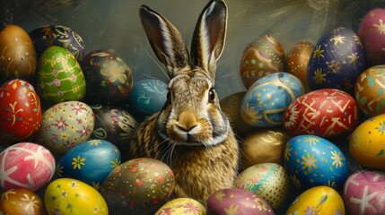 Fototapeta na wymiar Brown bunny surrounded by colorful, intricately decorated Easter eggs
