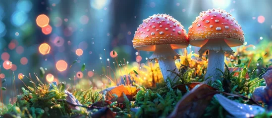 Photo sur Plexiglas Herbe Two vibrant mushrooms sit on top of a lush green field, surrounded by vibrant grass and plants.