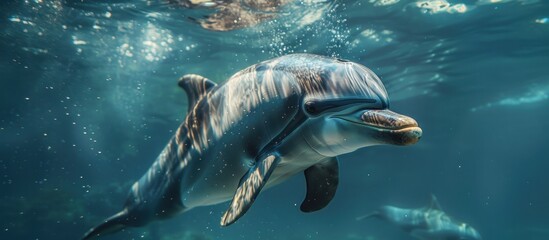 A graceful dolphin glides through the water surrounded by a large group of fish. The scene captures the marine life in motion.