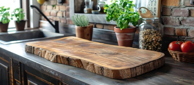 A rustic wooden cutting board placed on top of a kitchen counter. The natural wood texture of the board contrasts with the smooth surface of the counter.