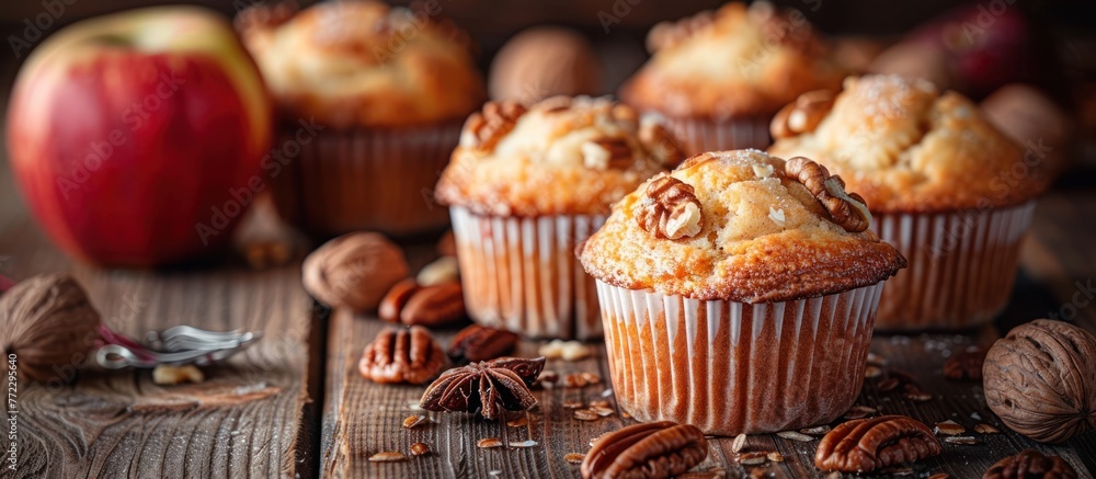 Poster a close-up view of freshly baked muffins with pecans, surrounded by apples in the background on a wo