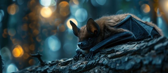 A bat sits calmly on a tree branch, blending in with the textured bark around it.