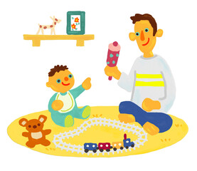 Father playing with baby in the living room Train toys
Living room