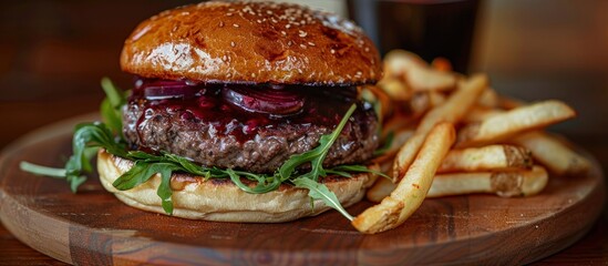 A close-up of a smoky, juicy burger topped with beef, onions, and beetroot, accompanied by crispy fries on a wooden plate.