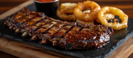 A grilled rib steak and crispy onion rings served on a sleek black plate. - obrazy, fototapety, plakaty