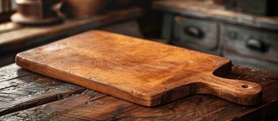 A wooden cutting board placed on a wooden table, ready for food preparation or serving.