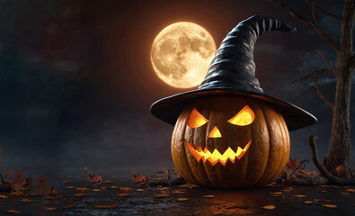 Halloween background with scary pumpkins in a dark forest at night - obrazy, fototapety, plakaty