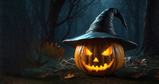 Halloween background with scary pumpkins in a dark forest at night