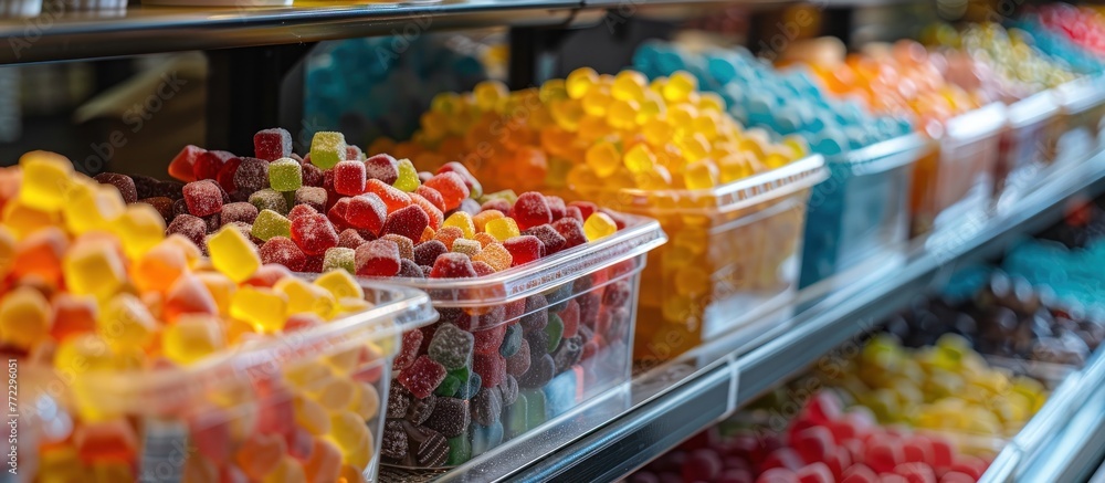 Poster a display case filled with an assortment of vibrant candies in various shapes, sizes, and colors.
