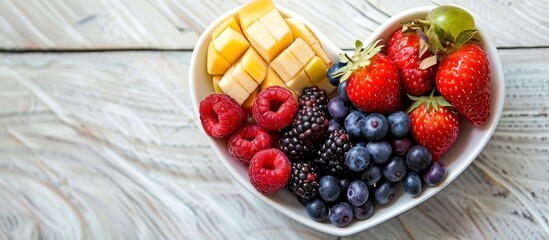 A heart shaped bowl filled with assorted fruit sits atop a white table.