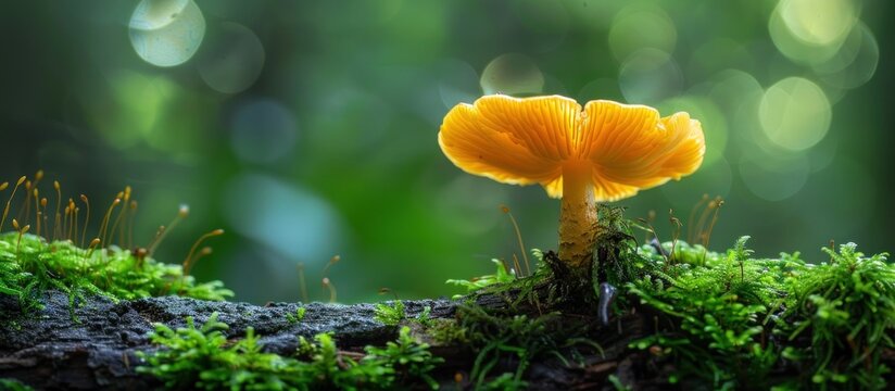 A vivid yellow mushroom is perched on top of lush green moss-covered ground, creating a striking contrast in colors and textures.