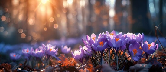 A cluster of fragrant purple crocus flowers blooming in the grass, creating a vibrant and colorful...