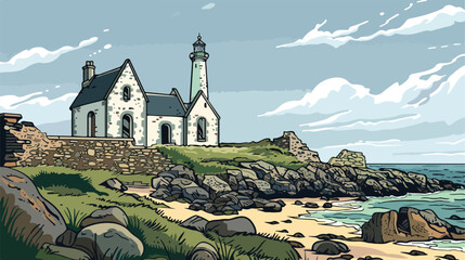 Drawing of Saint Mathieu lighthouse and old abbey r - obrazy, fototapety, plakaty