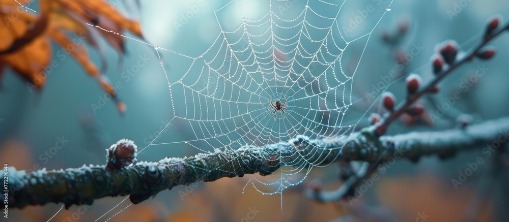 Poster detailed close-up of a spider web delicately woven on a tree branch, showcasing the intricate patter