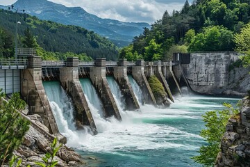 Hydroelectric dam harnessing nature's power for clean energy and flood control, promoting ecological balance
