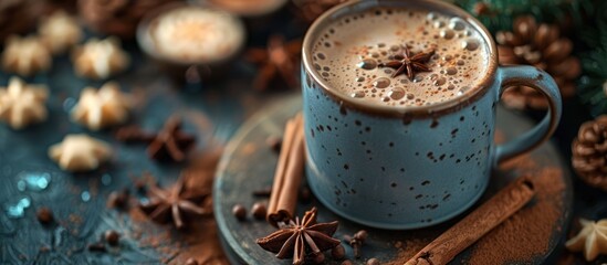 A cup of hot chocolate topped with cinnamon sticks and star anise on a wooden table.