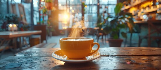 An aromatic cup of hot coffee steaming on a rustic wooden table. - obrazy, fototapety, plakaty