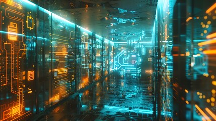 Neon corridor of the data center.