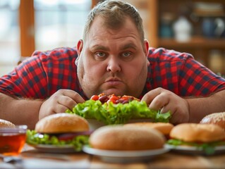 A man with a big belly is eating a salad and a hamburger