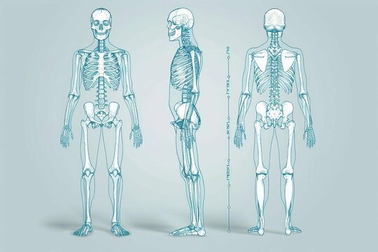 Human skeleton system with detailed bone joints anatomy, medical education illustration