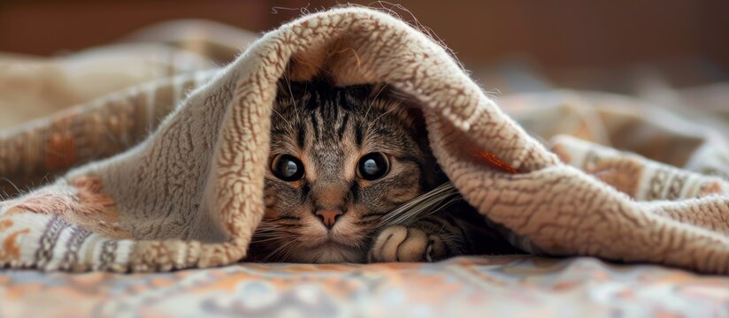 A cat peeking out curiously from under a cozy blanket on a bed.