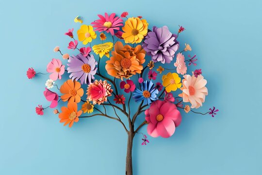 Human brain tree with colorful flowers, mental health and self-care concept, positive thinking illustration